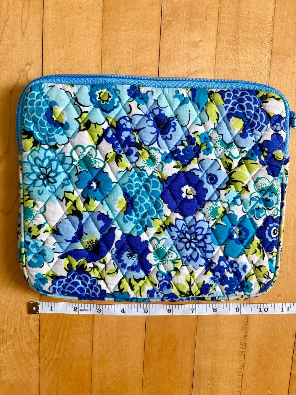 Vera Bradley Blue Floral Quilted Laptop Sleeve with Teal and Lime Accents